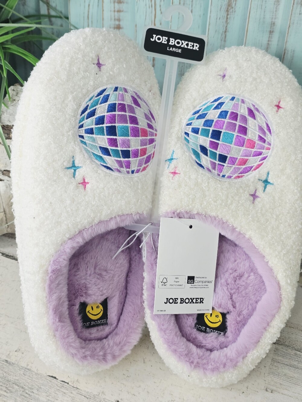 Joe Boxer White Plush Slippers with Purple Disco Ball Embroidery